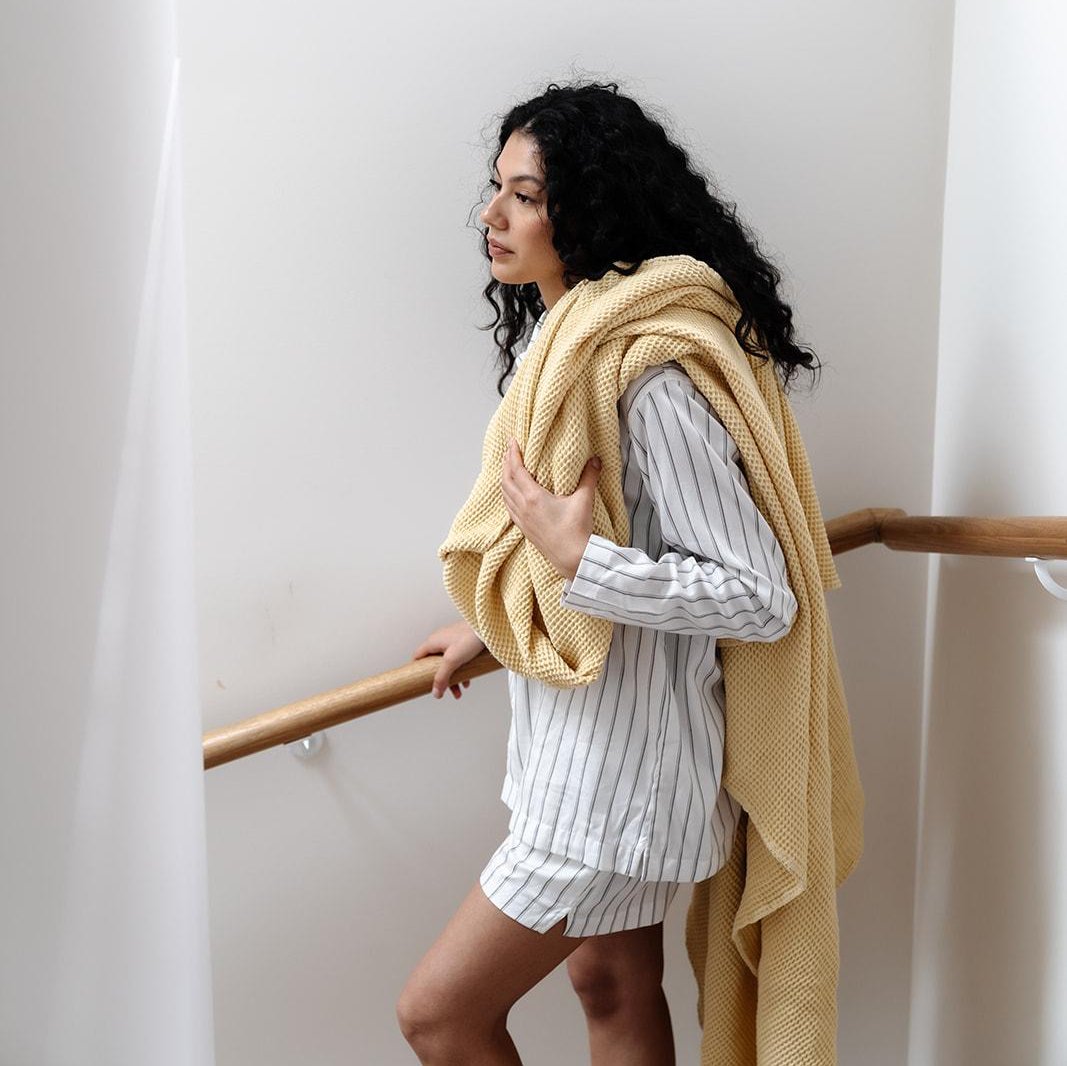 100% Cotton Waffle Blanket - Queen - Straw Yellow
