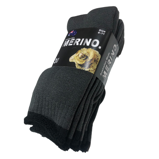 3 Pairs Dark Grey Merino Wool Socks - Mens Heavy Duty Premium Thick Work Socks w/ Cushion