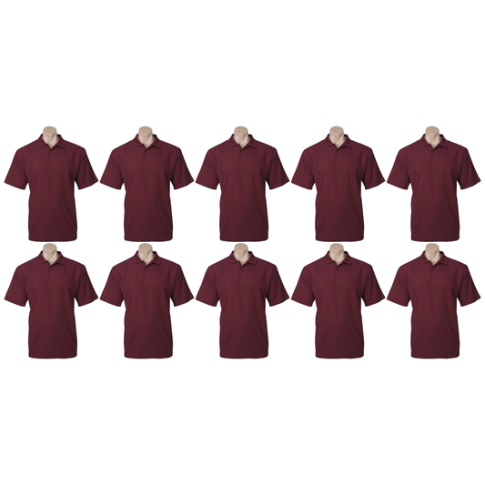 10x Mens Plain Short Sleeve Polo Shirt Bulk Pack - Burgundy (Pique Knit UPF Casual T-Shirt)