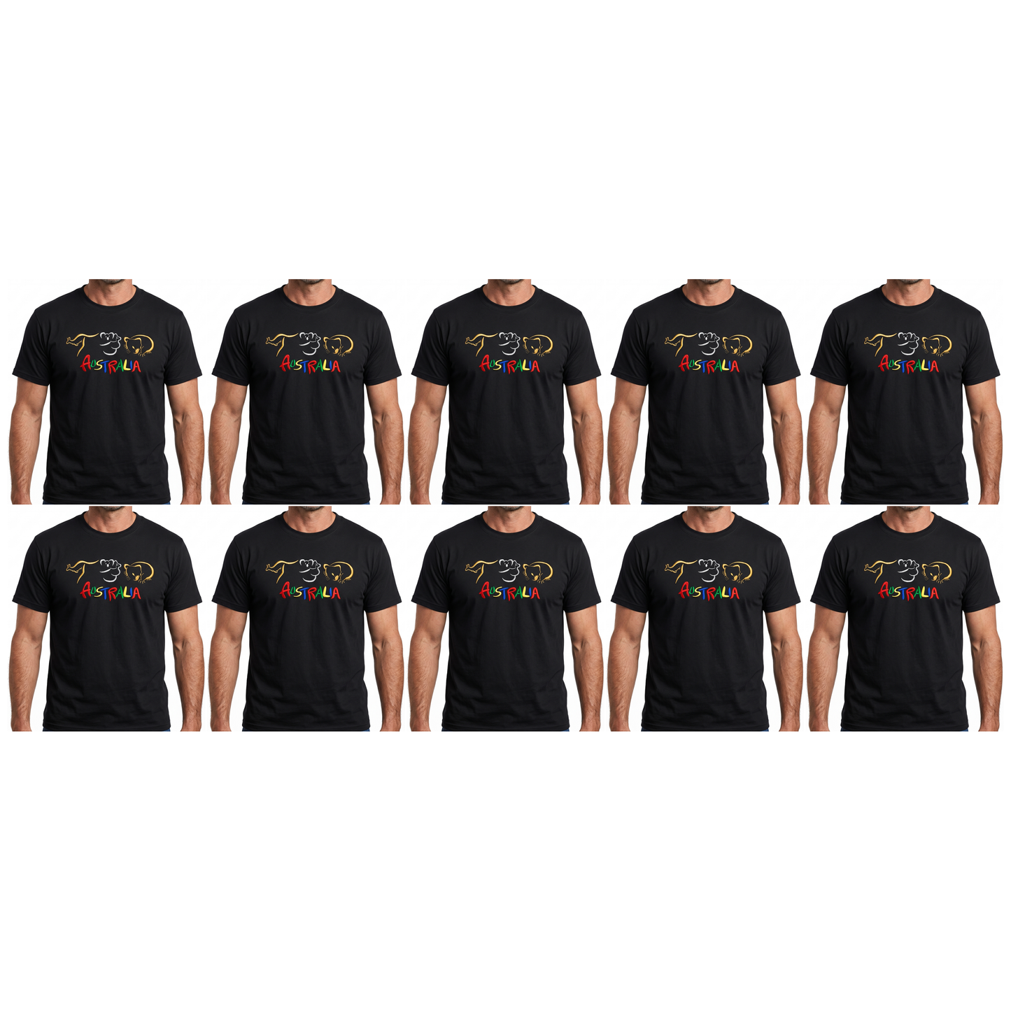 10x Adult Kangaroo/Koala/Wombat Australian Animals T-Shirt Bulk Pack - Black (100% Cotton Souvenir Gift Tee Top)