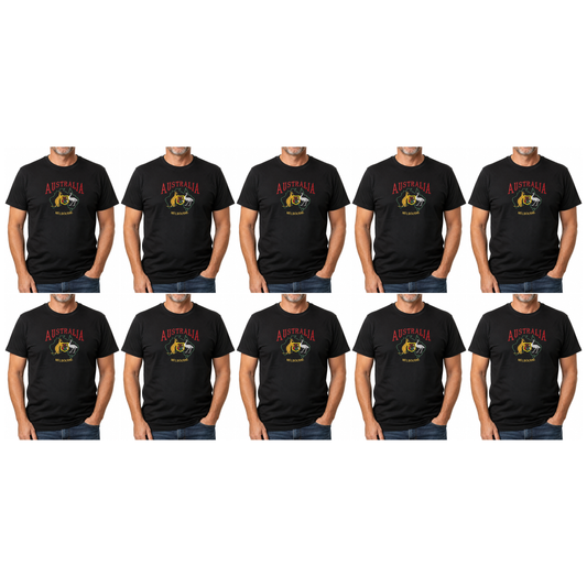 10x Adult Kangaroo Emu Australia Melbourne T-Shirt Bulk Pack - Black (100% Cotton Souvenir Gift Top)
