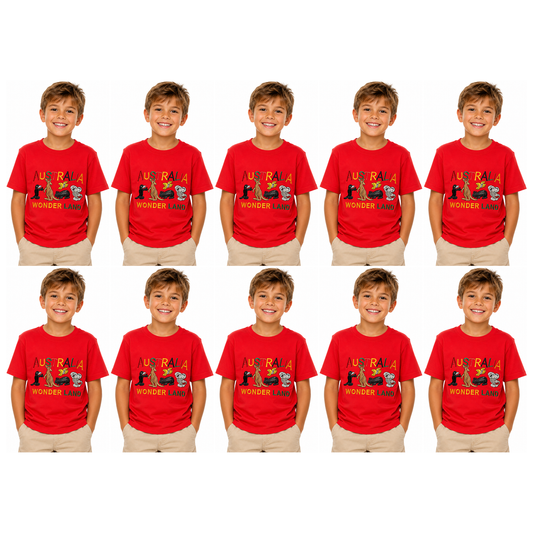 10x Kids Australian Animals T-Shirt Bulk Pack - Red (100% Cotton Childrens Souvenir Gift Top)