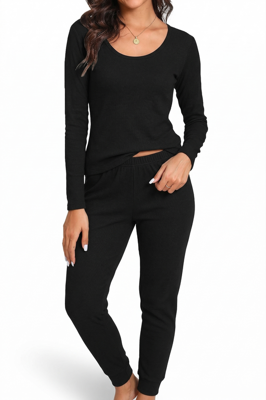 2pcs Set Womens Black Cotton Thermal Long Sleeve Top & Long Jane Pants Underwear