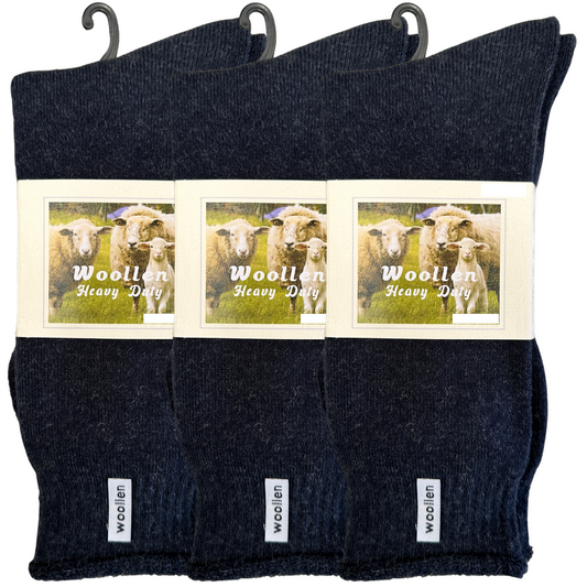3 Pairs Navy Blue Premium Mens Wool Socks - Heavy Duty Thick Work Socks w/ Cushion
