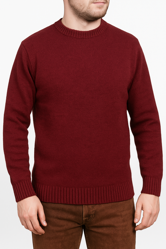 100 Shetland Wool Crew Round Neck Knit Jumper Pullover Mens Sweater Knitted Burgundy