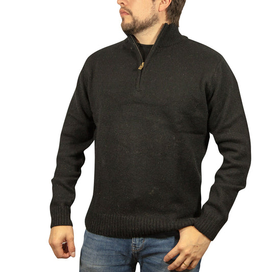 100 Shetland Ragg Wool Half Zip Up Knit Jumper Pullover Mens Sweater Knitted Plain Black