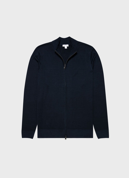 Mens Fine Merino Wool Zip Cardigan In Light Navy