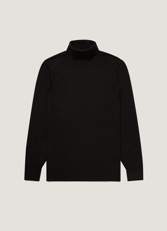 Mens Fine Merino Wool Roll Neck Jumper In Black