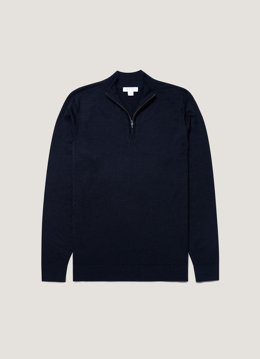 Mens Fine Merino Wool Zip Neck In Light Navy