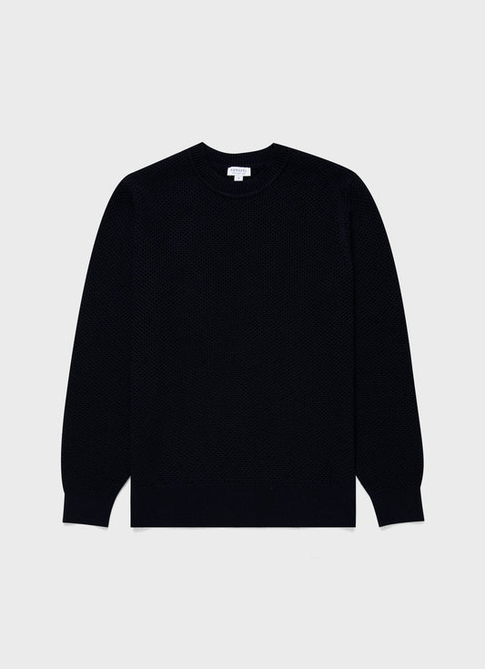 Mens Honeycomb Cotton Crew Neck Jumper In Navy Mjum8207 Buaa