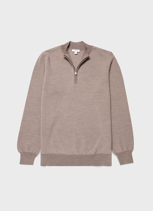 Mens Merino Honeycomb Zip Neck Jumper In Light Sandstone Mjum8259 Brfd