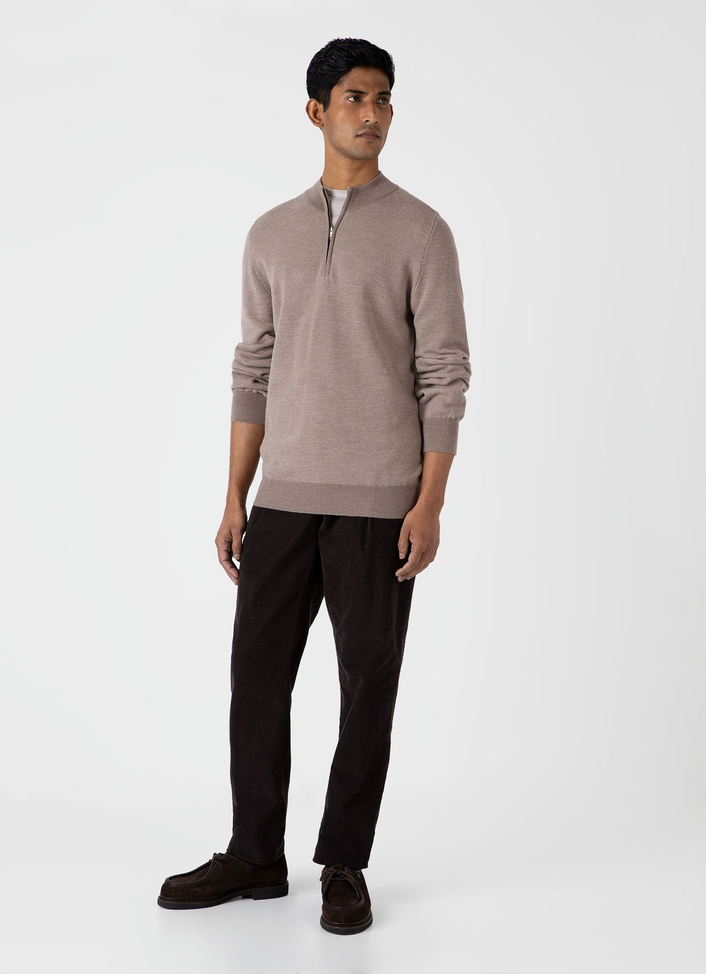 Mens Merino Honeycomb Zip Neck Jumper In Light Sandstone Mjum8259 Brfd