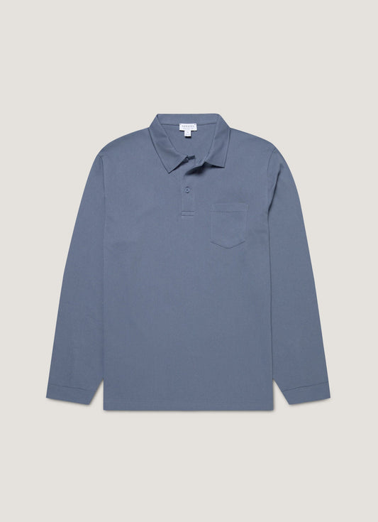 Mens Long Sleeve Riviera Polo Shirt In Selvedge Blue Mpol1031 Buwf