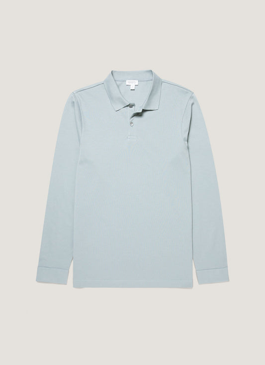 Mens Long Sleeve Pique Polo Shirt In Stone Blue Mpol1065 Buwt