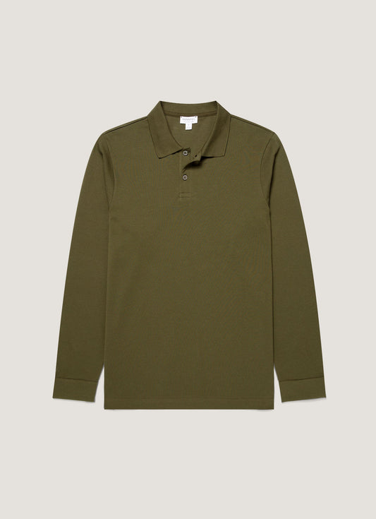 Mens Long Sleeve Pique Polo Shirt In Deep Olive Mpol1065 Gniz