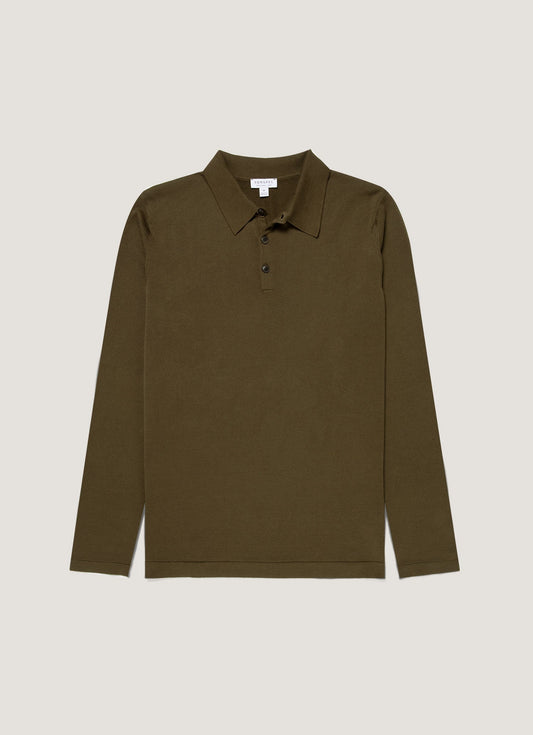 Mens Long Sleeve Sea Island Cotton Knit Polo Shirt In Deep Olive Mpol8047 Gniz