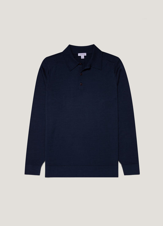 Mens Fine Merino Wool Polo Shirt In Light Navy