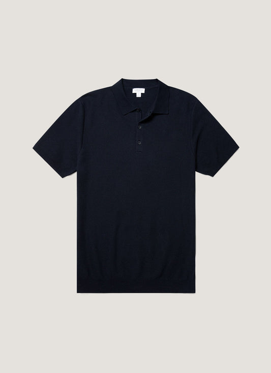 Mens Cotton Fine Texture Knitted Polo Shirt In Navy
