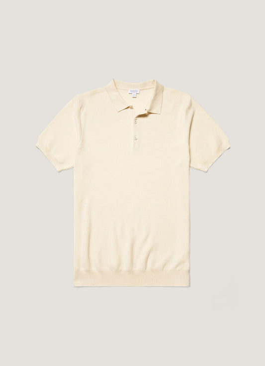 Mens Cotton Fine Texture Knitted Polo Shirt In Ecru