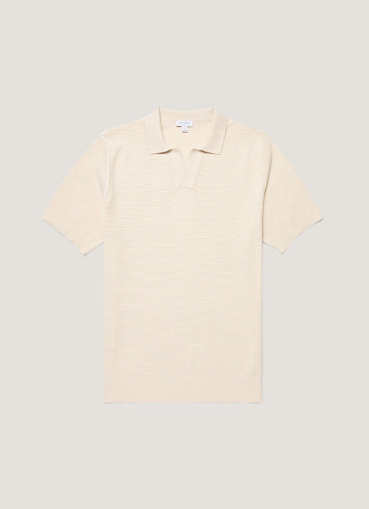 Men's Compact Mesh Knit Polo Shirt in Ecru