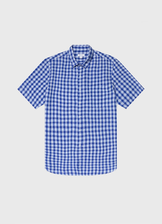 Mens Linen Short Sleeve Shirt In Blue Gingham Msht2039 Buam