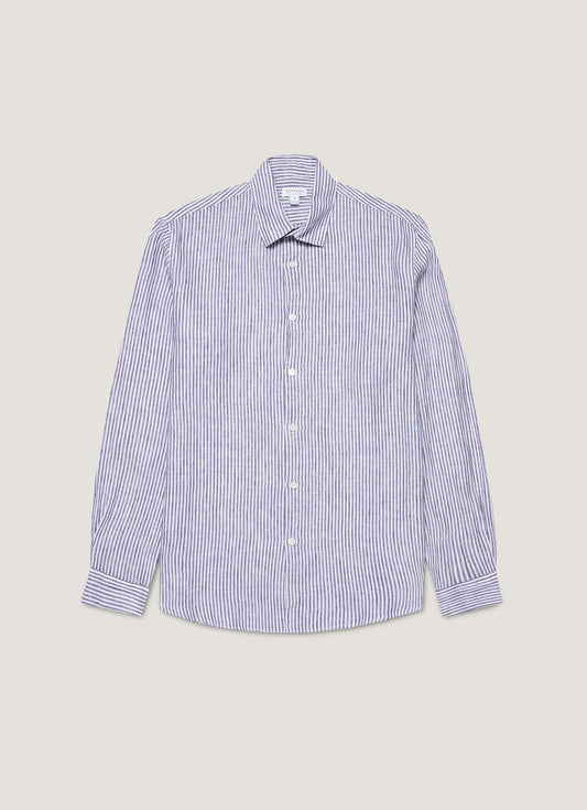 Men S Linen Long Sleeve Shirt In Navy White Linen Stripe Msht2061 Stib