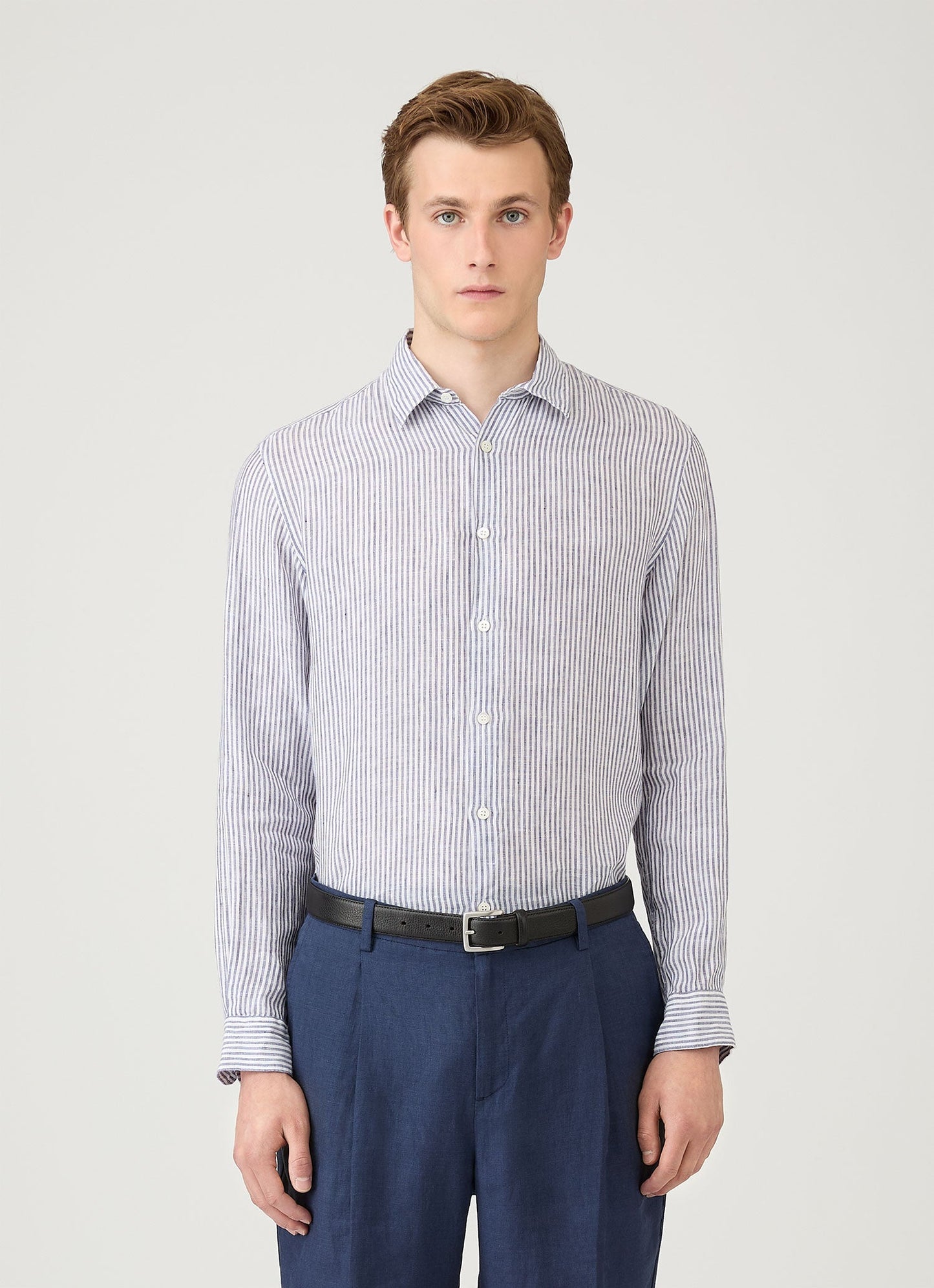 Men S Linen Long Sleeve Shirt In Navy White Linen Stripe Msht2061 Stib