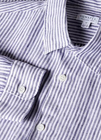 Men S Linen Long Sleeve Shirt In Navy White Linen Stripe Msht2061 Stib