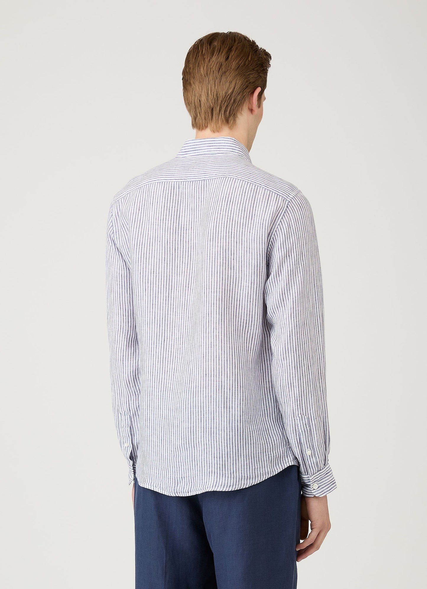 Men S Linen Long Sleeve Shirt In Navy White Linen Stripe Msht2061 Stib