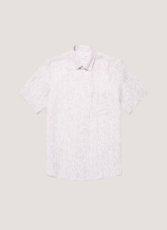Mens Short Sleeve Linen Shirt In White Dark Chocolate Msht2119 Stok