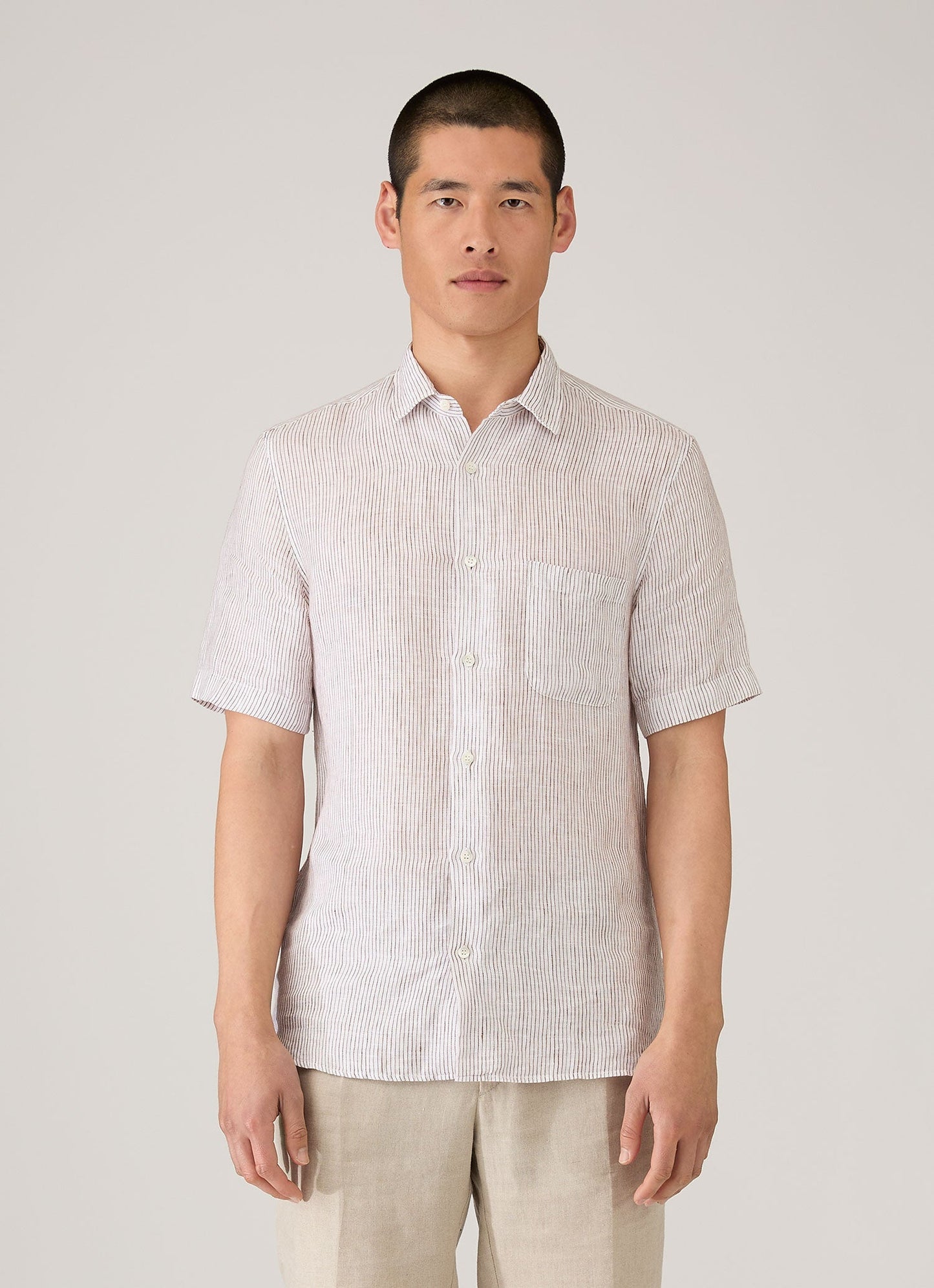 Mens Short Sleeve Linen Shirt In White Dark Chocolate Msht2119 Stok
