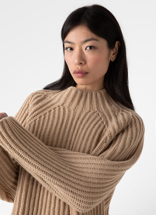 Womens Lambswool Chunky Funnel Neck Jumper In Light Camel Wjum8188 Brat